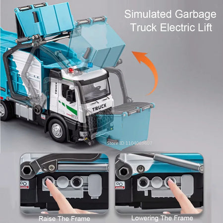 1:18 Model Toy Electric Sanitation Garbage Trucks Metal Diecast Alloy Crane Sound Light Doors Opened Engineering Vehicle Gifts