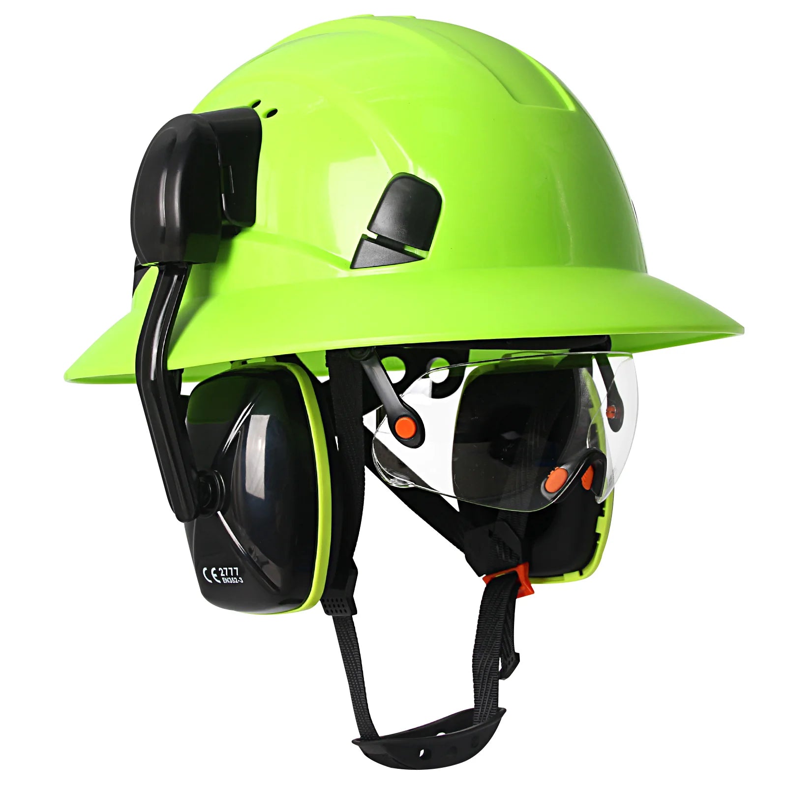CE Full Brim Safety Helmet With Goggles &ndash; Built In Earmuffs Green Set