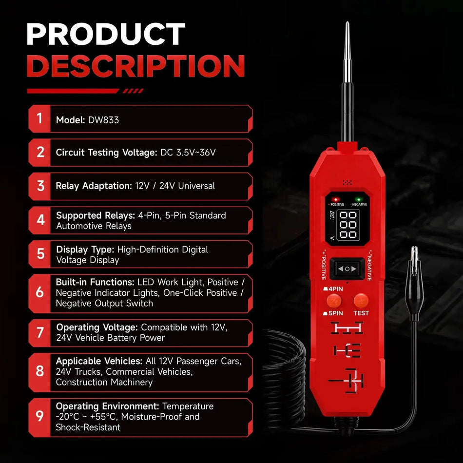 DW833 2 In 1 Automotive Relay Tester With LED Indicator For 12V 24V by InterCyprus Trading Ltd