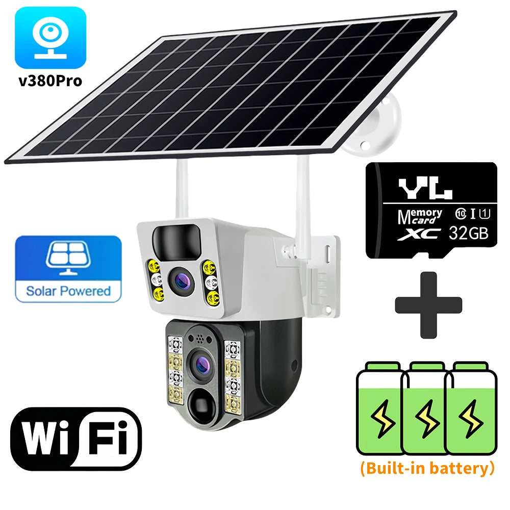 8MP HD Solar Camera WIFI Smart Home Security Protection Home 360 Monitor 4K 4G SIM Card Outdoor with Battery V380 Pro 4G Network WIFI Cam 32G Card