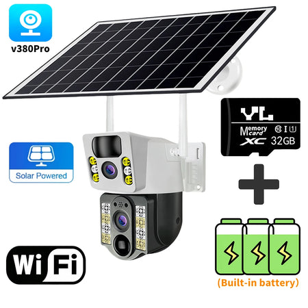 8MP HD Solar Camera WIFI Smart Home Security Protection Home 360 Monitor 4K 4G SIM Card Outdoor with Battery V380 Pro 4G Network WIFI Cam 32G Card