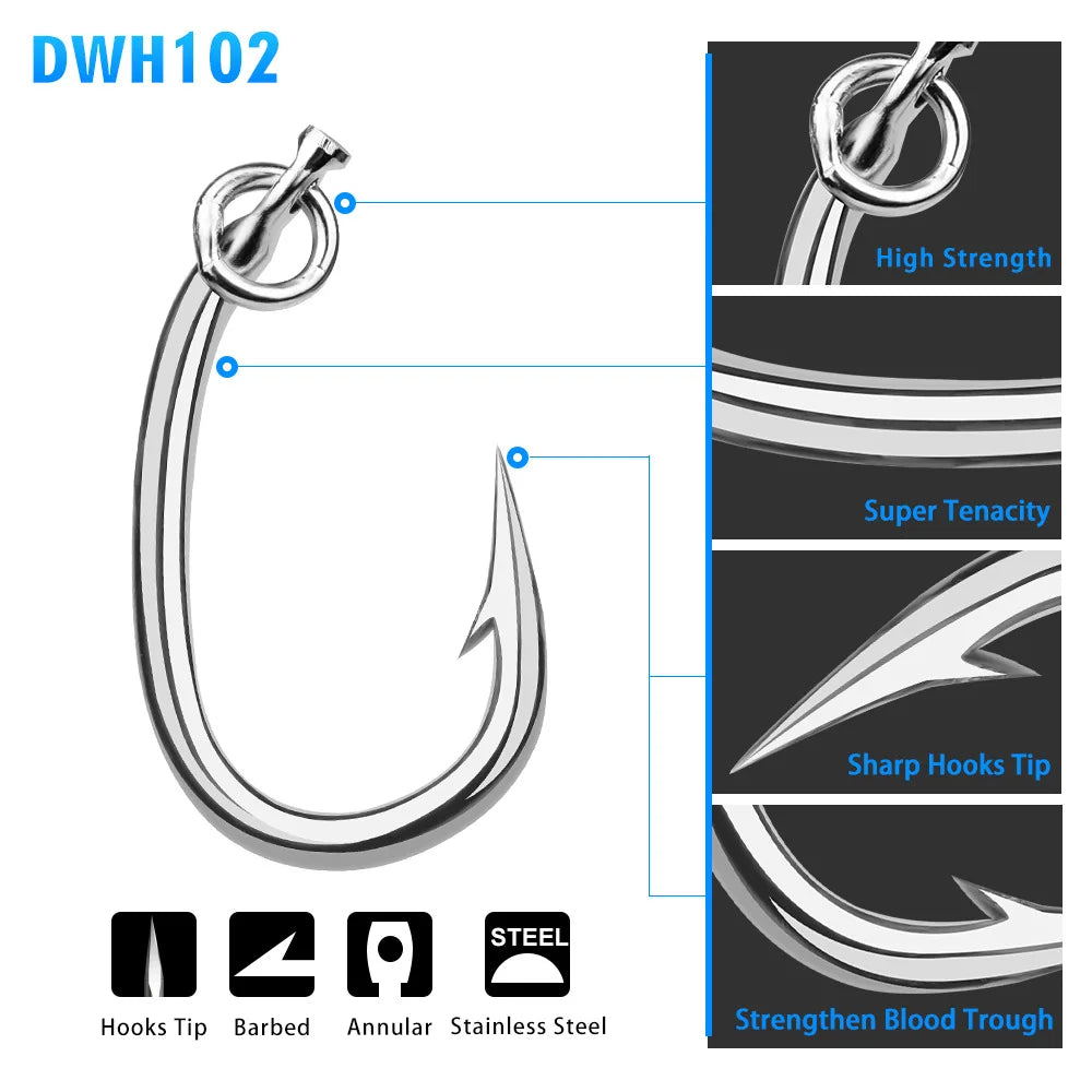 Stainless Steel Barbed Tuna Hooks Set - Corrosion-Resistant &amp; Perfect for Ocean Boat Fishing
