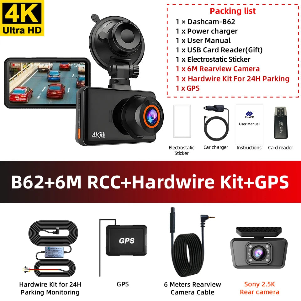 ACCEO Dash Cam 4K Front 2.5K Rear Dual &ndash; Night Vision B62-6M RCC-KIT-GPS / 64G
