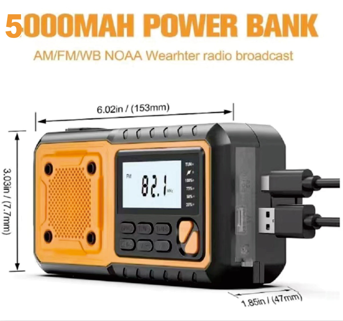 5000mAh Emergency Hand Crank Radio with AM/FM/NOAA, Digital Display, and Solar Power