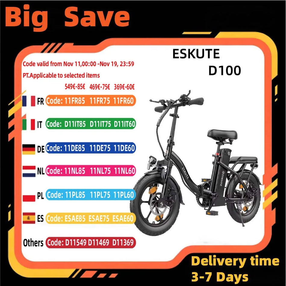 Eskute D100 Ηλεκτρικό Ποδήλατο, Όλων των Εδαφών Παχύ Λάστιχο, Αλουμινένιο Σκελετό