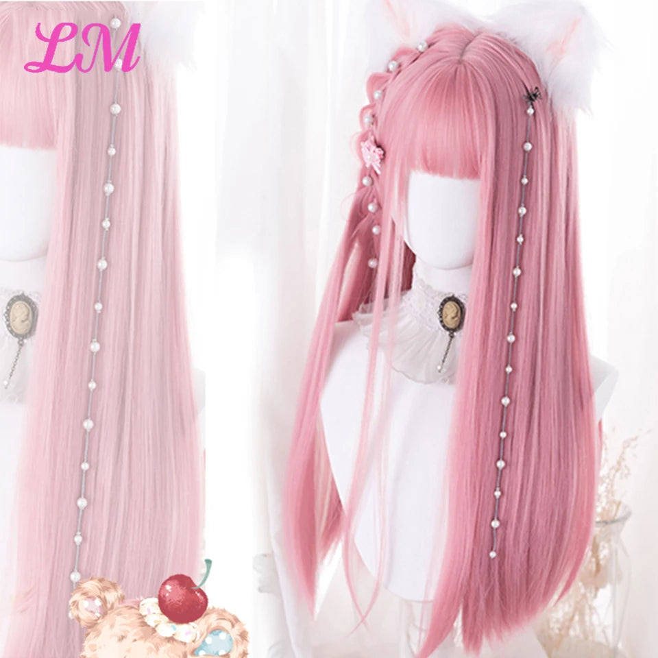 LIANGMO 24-Inch Heat-Resistant Pink Straight Wig with Bangs