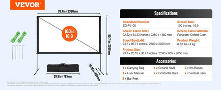 120 Portable Projector Screen With Stand 16 By 9 100 inch Bar Feet / United States