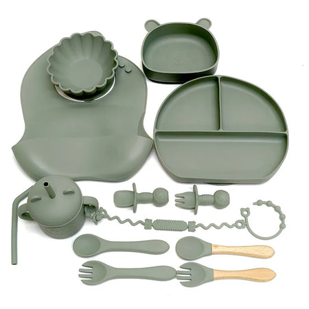 CZSAE Children's Silicone Tableware Set &ndash; Safe and Drop-Proof Design green