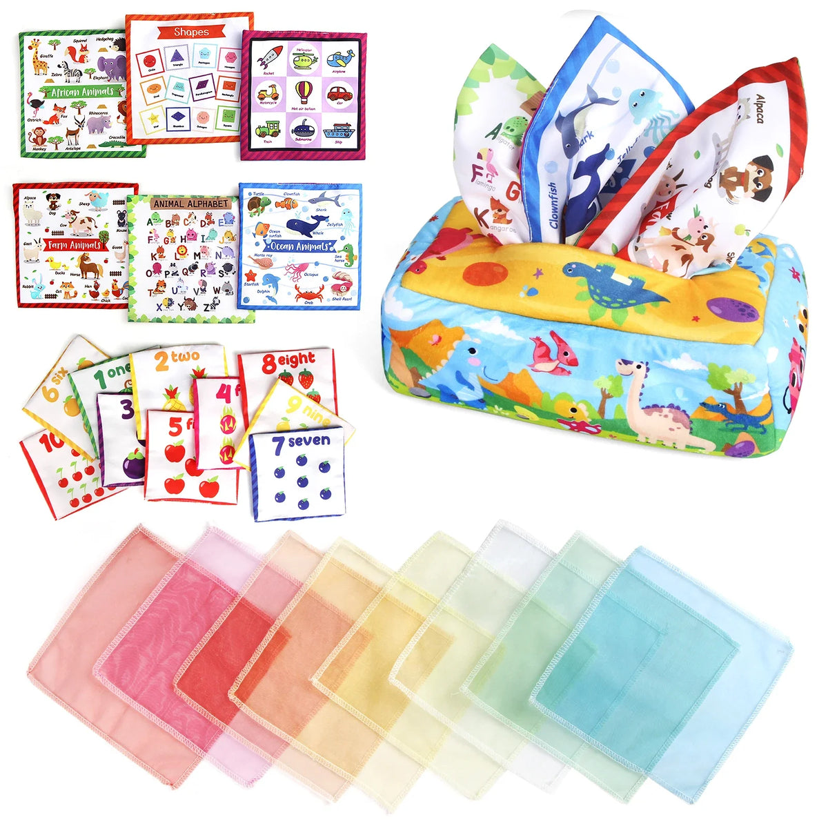 Sensory Montessori Baby Tissue Box Toy 0-18M - Colorful Soft Tissue Pump with Silk Scarves for Toddler Development and Finger Exercise C Dinosaur
