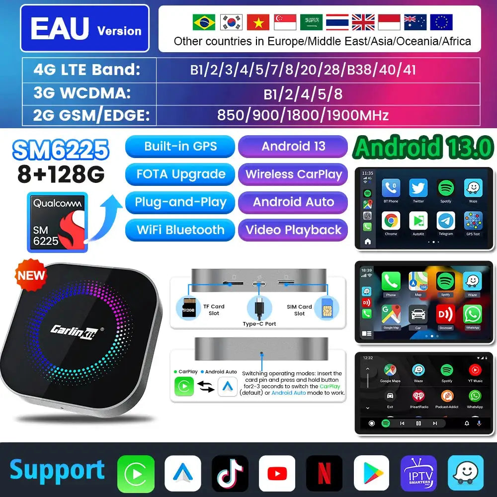 Carlinkit 128G Wireless CarPlay and Android Auto Adapter QCM6225 EAU / 8GB 128GB