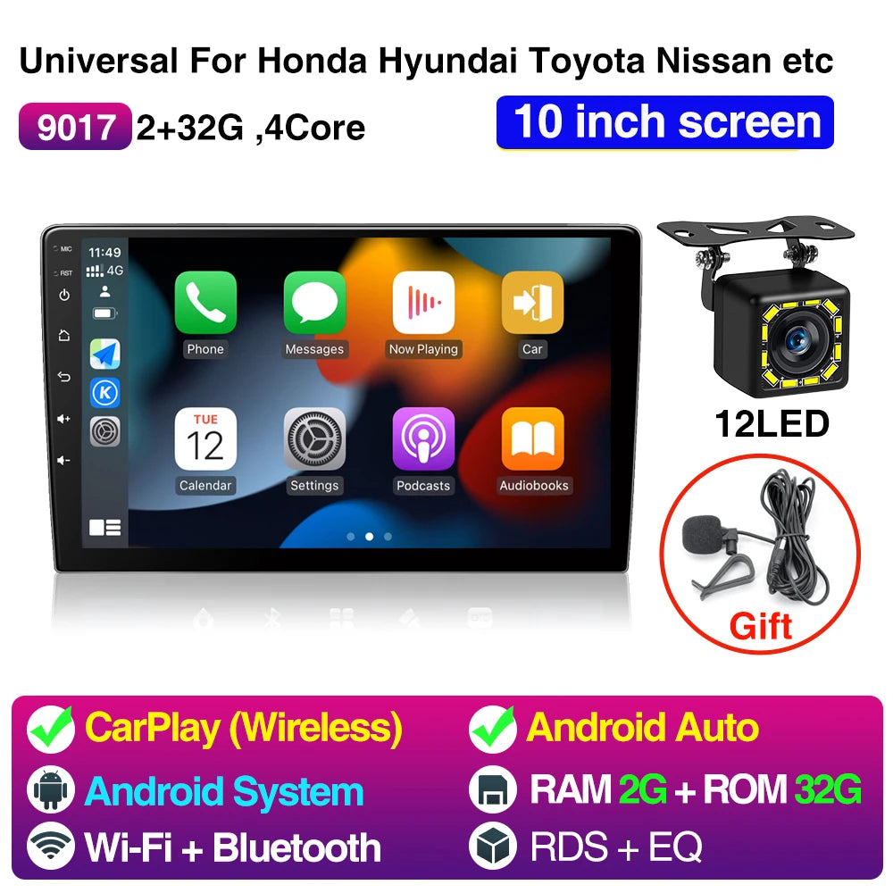 9Inch 10Inch Car Radio Universal CarPlay &ndash; GPS Bluetooth 10inch 2 32G 12LED