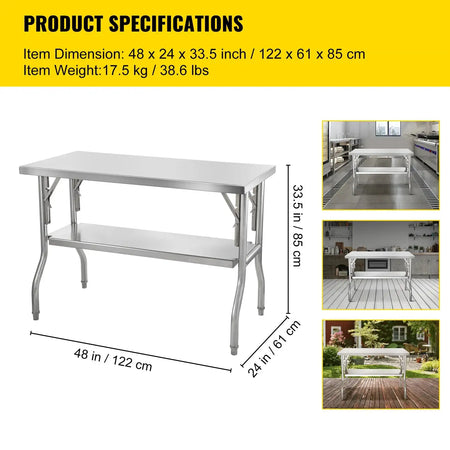 Open Stainless Steel Folding Kitchen Table Shelves 2 shelf 48x24 inch / france