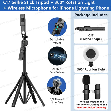 TOKQI C17 360&deg; Auto-Rotation Selfie Tripod with AI Tracking and Remote Control Option 9 / CHINA