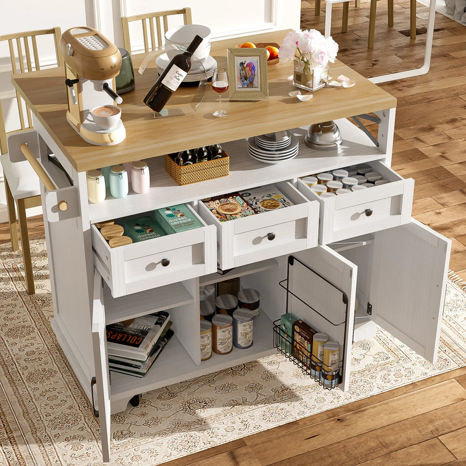 Modern Kitchen Island On Wheels With Foldable Side Panels
