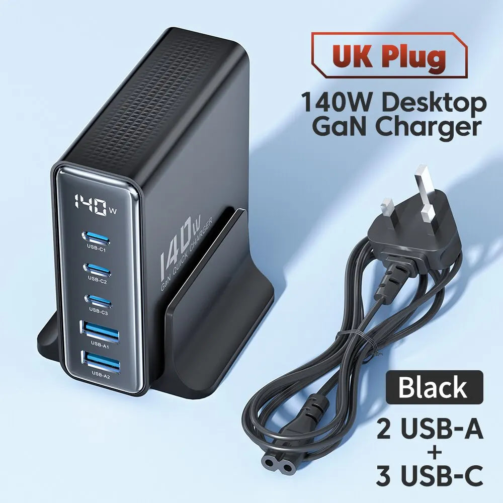 Toocki 140W GaN USB Charger &ndash; 5in1 Desktop Fast Charge UK Black
