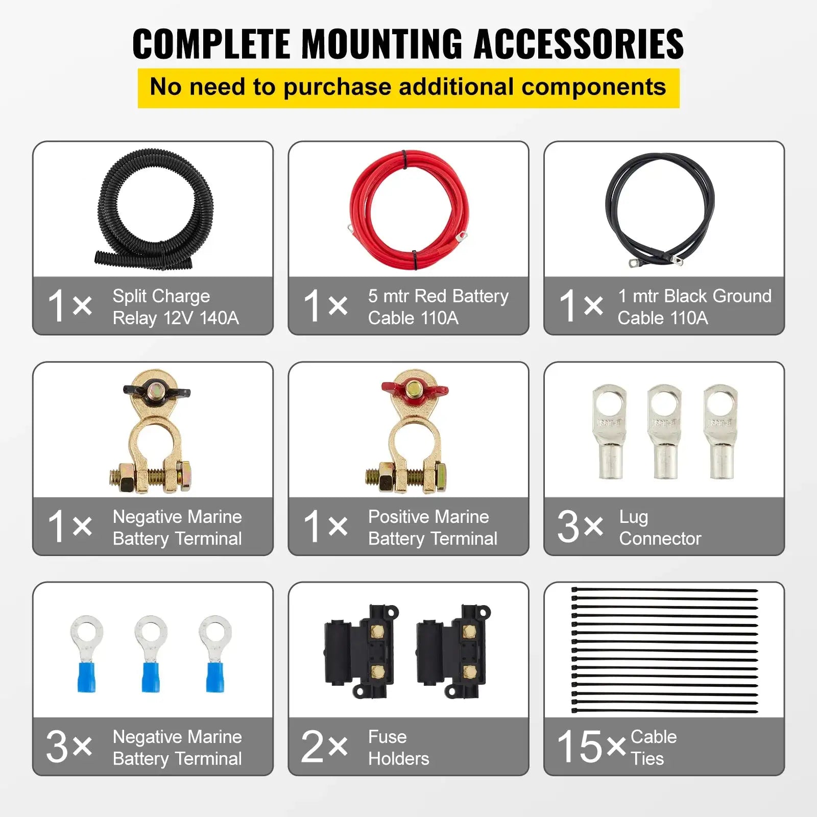 Split Charge Relay Kit 12V 140A - High Current 5 mtr Battery Cable / france