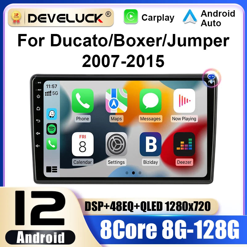 Fiat Ducato Double Din -autostereo CarPlay Android 12: 9 tuuman kosketusnäyttö malleille 2006–2022