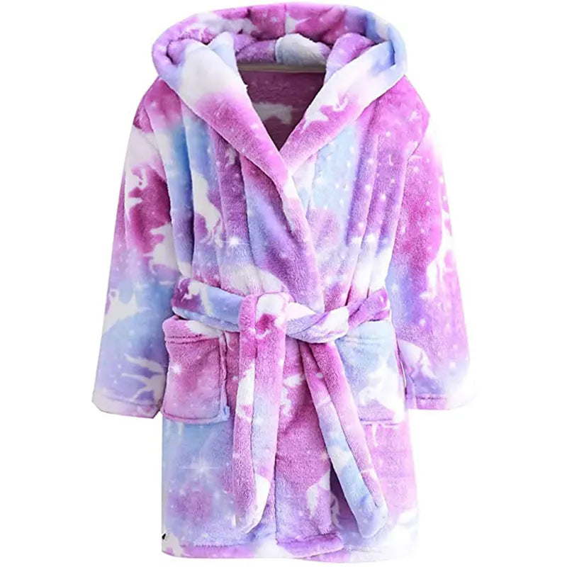 Unicorn Kids Hooded Bathrobe - Flannel Fleece Sleepwear for Girls