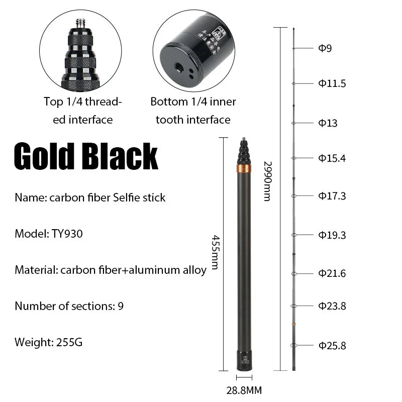 290CM Carbon Fiber Selfie Stick &ndash; Extended Edition Pro black