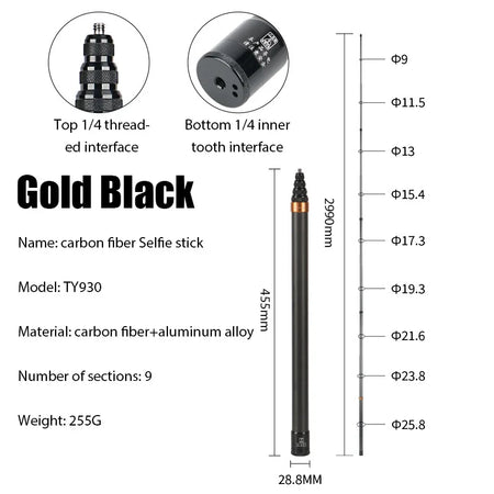 290CM Carbon Fiber Selfie Stick &ndash; Extended Edition Pro black