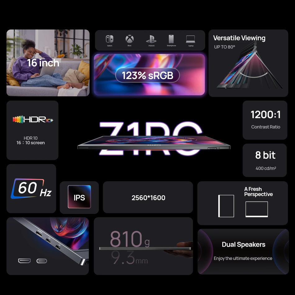 Monitor de gaming portabil Arzopa de 16 inci 2K IPS cu aliaj de aluminiu