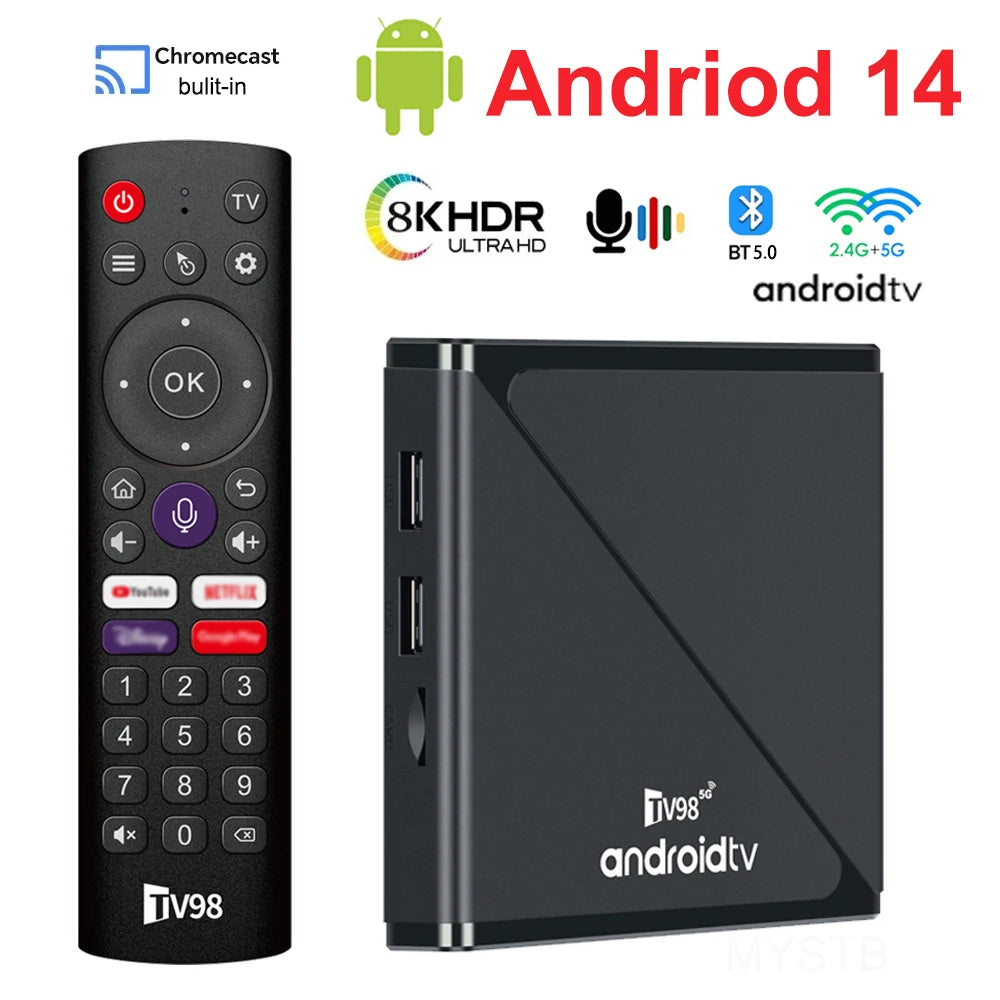 MYSTB 2.4G&amp;5G Dual WiFi Android 14 Quad Core TV Box with Voice Remote Control