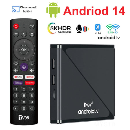 MYSTB 2.4G&amp;5G Dual WiFi Android 14 Quad Core TV Box with Voice Remote Control