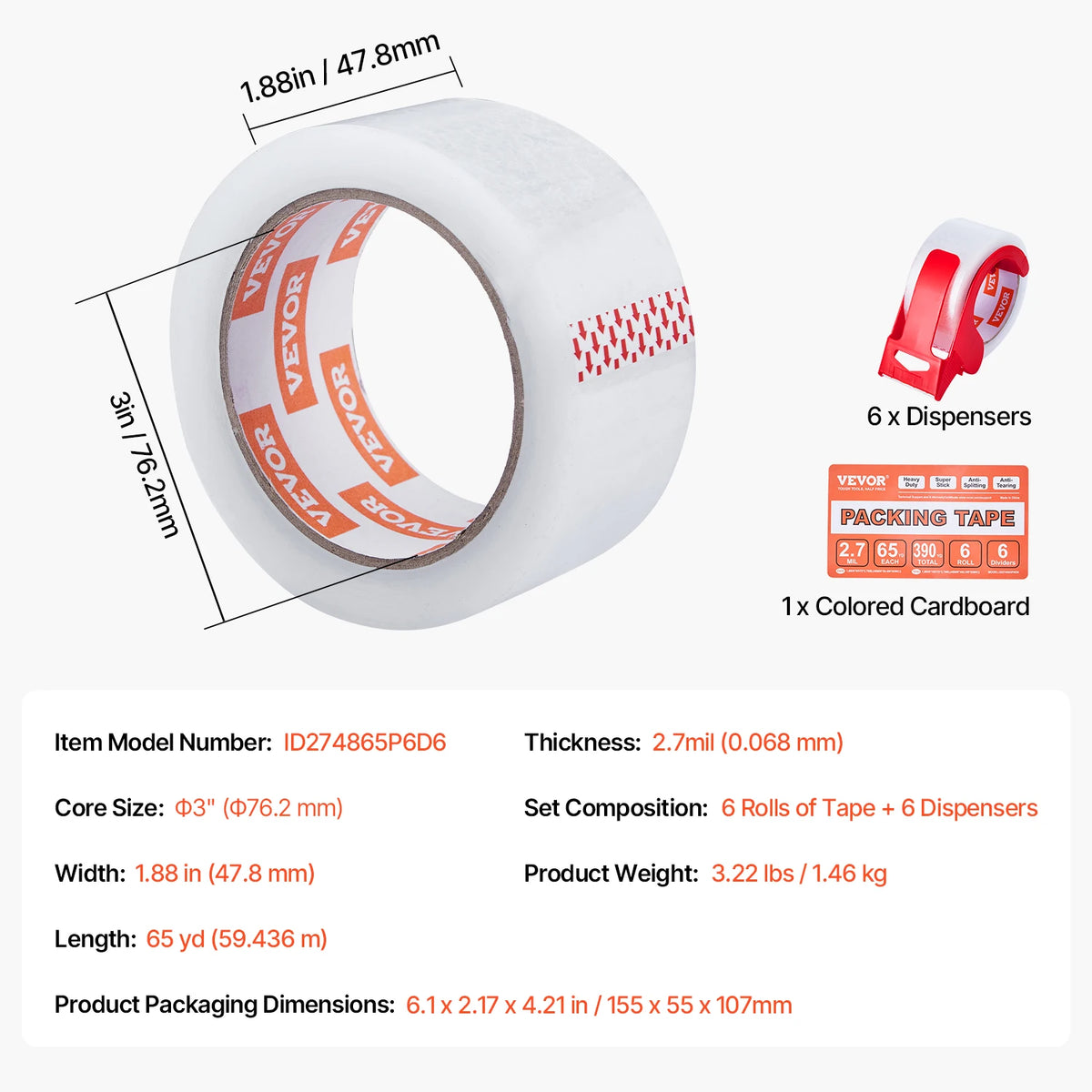 SucceBuy 6 Rolls 59M Clear BOPP Tape &ndash; Dispenser Included 6Rolls / Poland