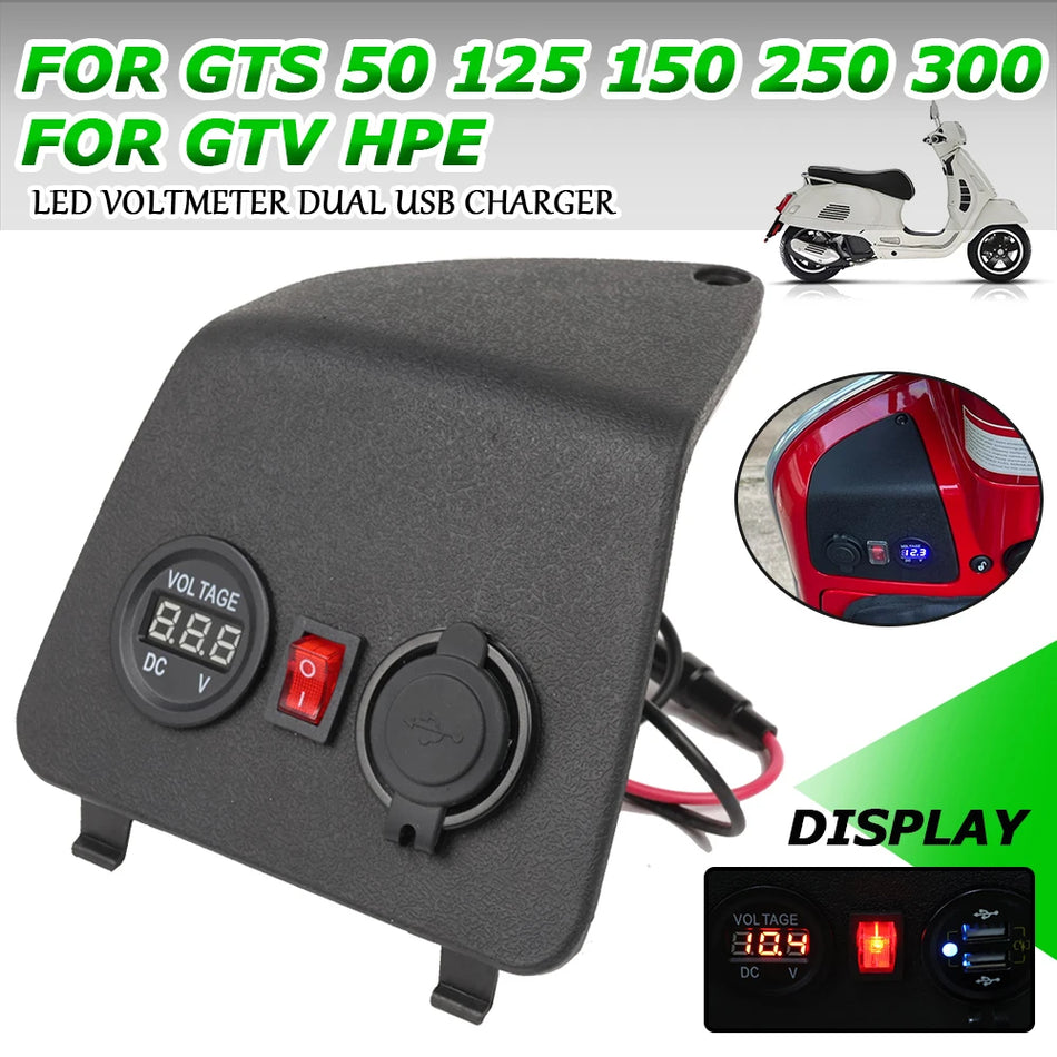 Vespa GTS Serie Cigaretlighteradapter med Voltmeter og Dobbelt USB-porte