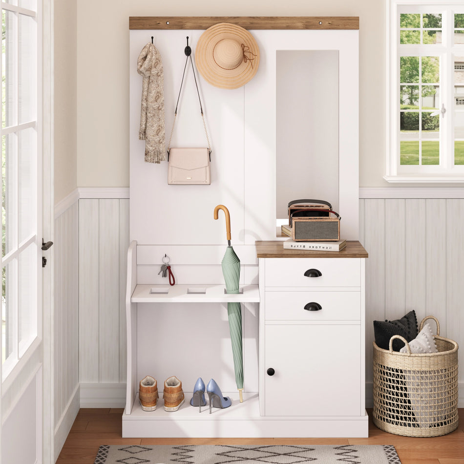 Conjunto de Guarda-Roupa Branco com Espelho, Ganchos, Gavetas e Suporte para Guarda-Chuvas