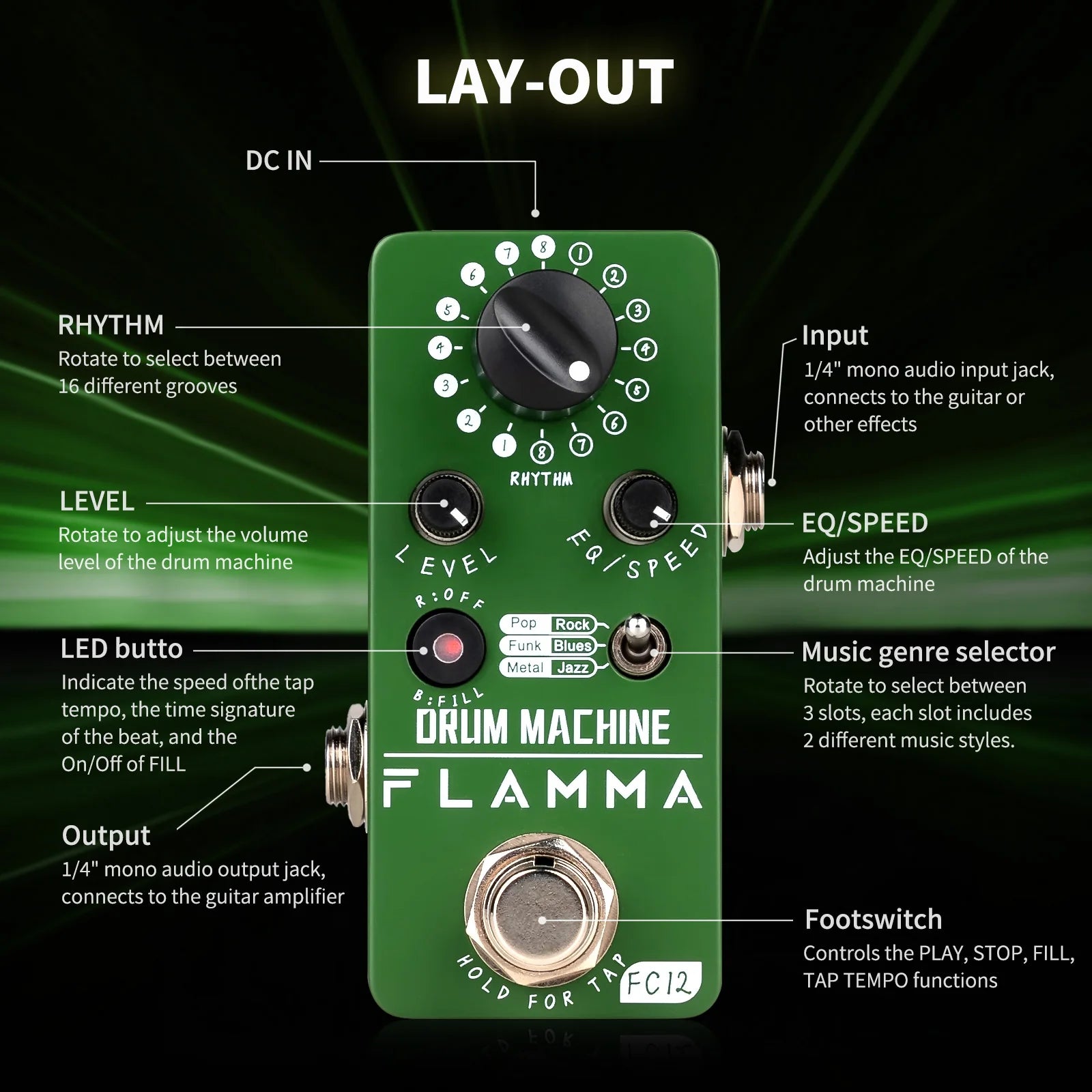 FLAMMA FC12 Guitar Drum Machine Effects Pedal &ndash; 48 Grooves