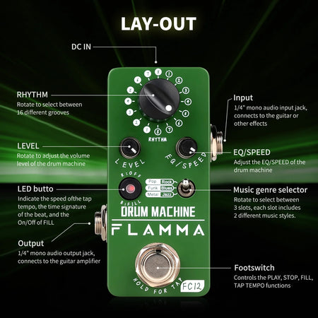 FLAMMA FC12 Guitar Drum Machine Effects Pedal &ndash; 48 Grooves