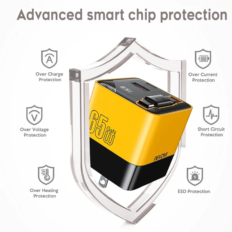 CrownQu 65W USB-C Fast Charger &ndash; Intelligent Charge with Built-in 80cm Type-C Cable