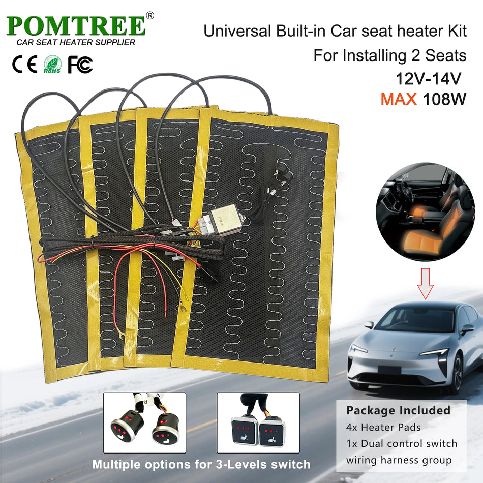 Комплект за отопление на автомобилни седалки за 2 седалки, 12V 108W с алуминиеви отоплителни подложки, двоен контрол