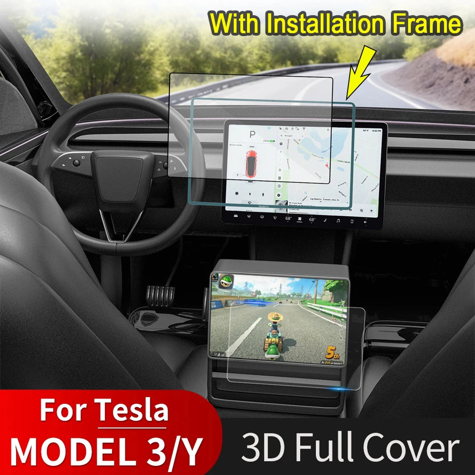 Zaščita zaslona za Tesla Model Y in Model 3 Highland sredinsko konzolo - popolna pokritost iz kaljenega stekla