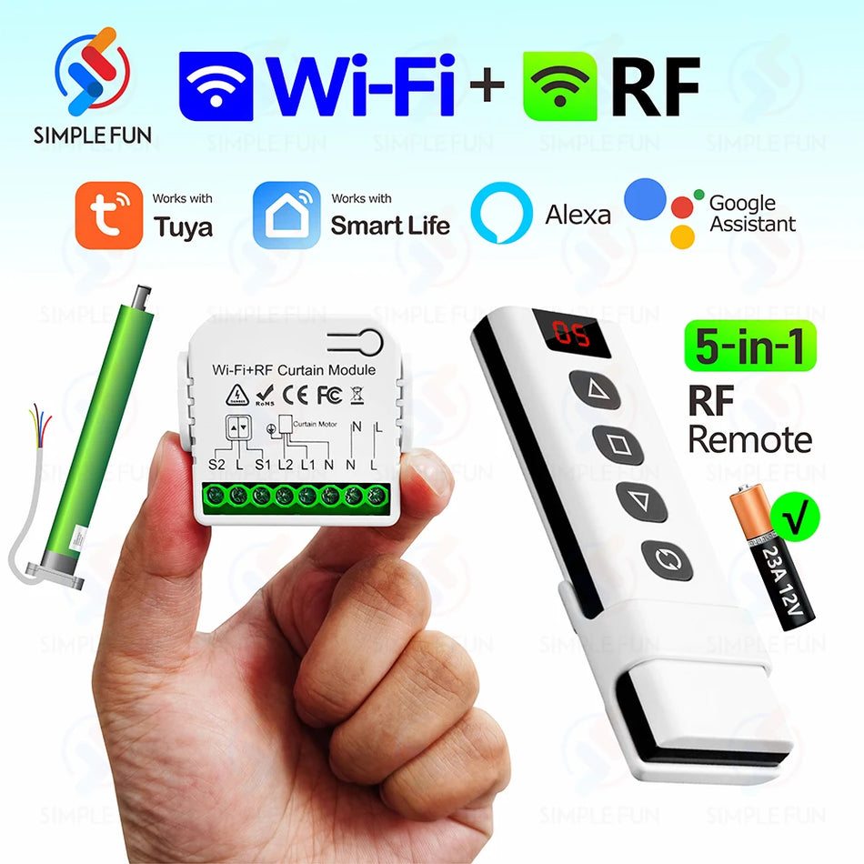 Interruptor de Cortina Rolô Sem Fios com Módulo WiFi Tuya, Controle Remoto 5 em 1