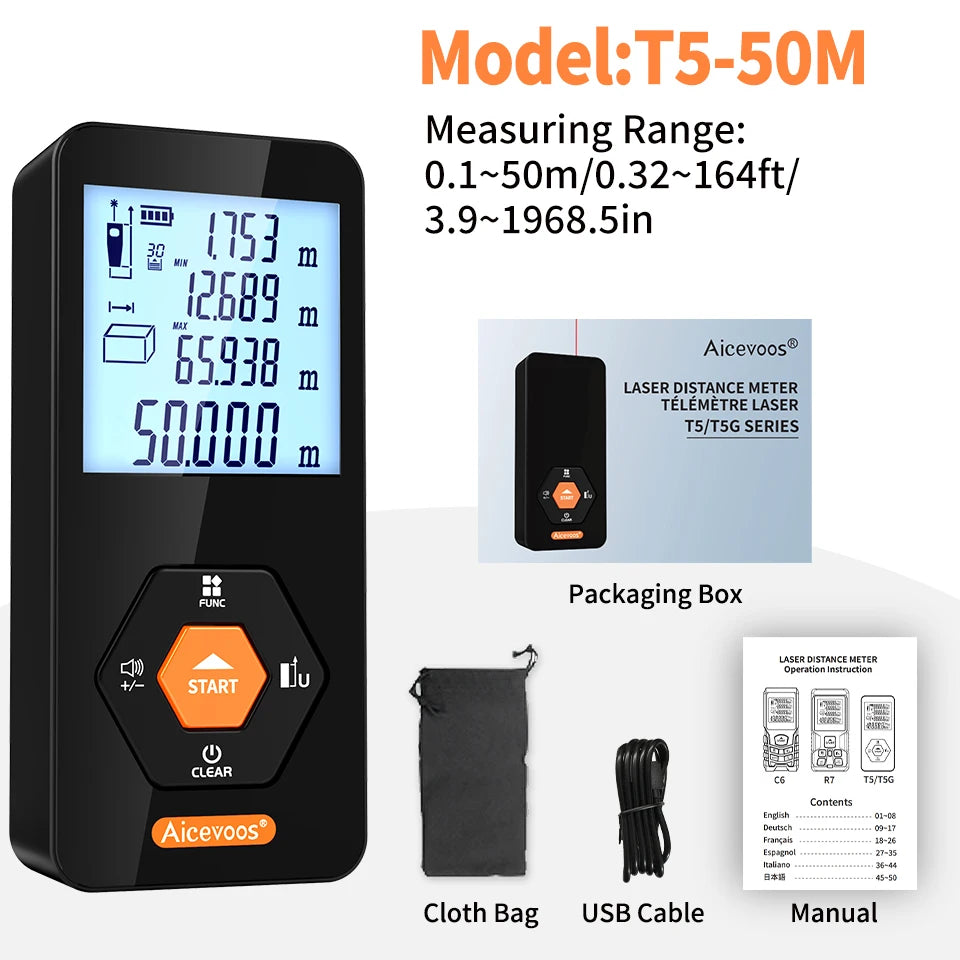 Aicevoos Rechargeable Digital Laser Rangefinder - Accurate Distance Meter up to 120M T5-50M(165ft)