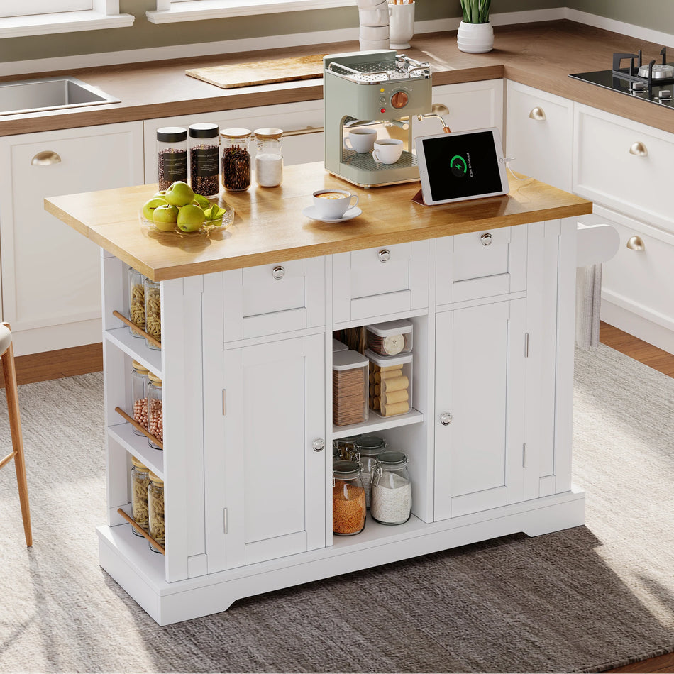 132cm Mobile Kitchen Island With Foldable Worktop Cabinet