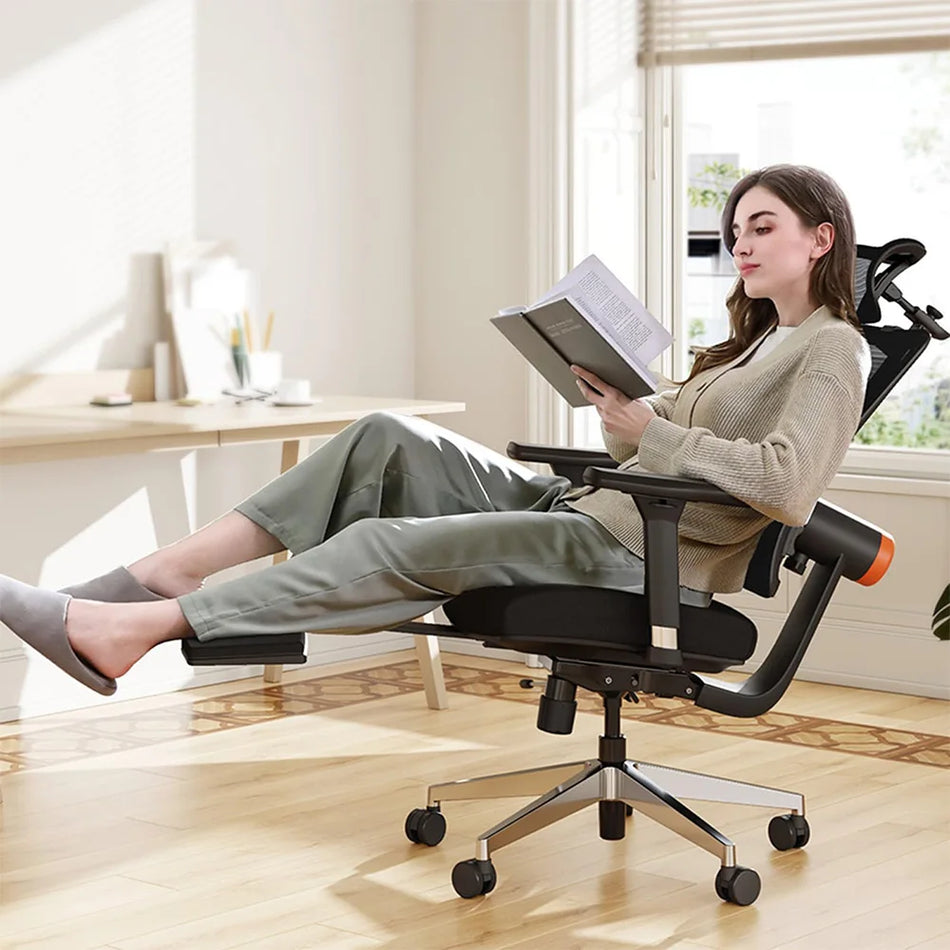 Ergonomic Office Chair With Auto Following Headrest Footrest Mesh Back Steel Base Height Adjustable