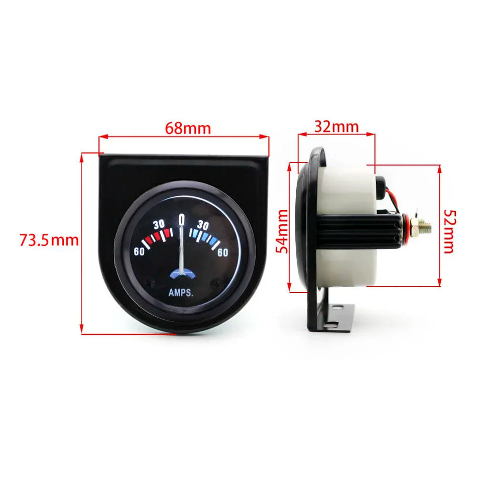 Automobilio Amperų Matuoklis 60-0-60A, 52mm Skaitiklis, Baltas LED, ABS Korpusas