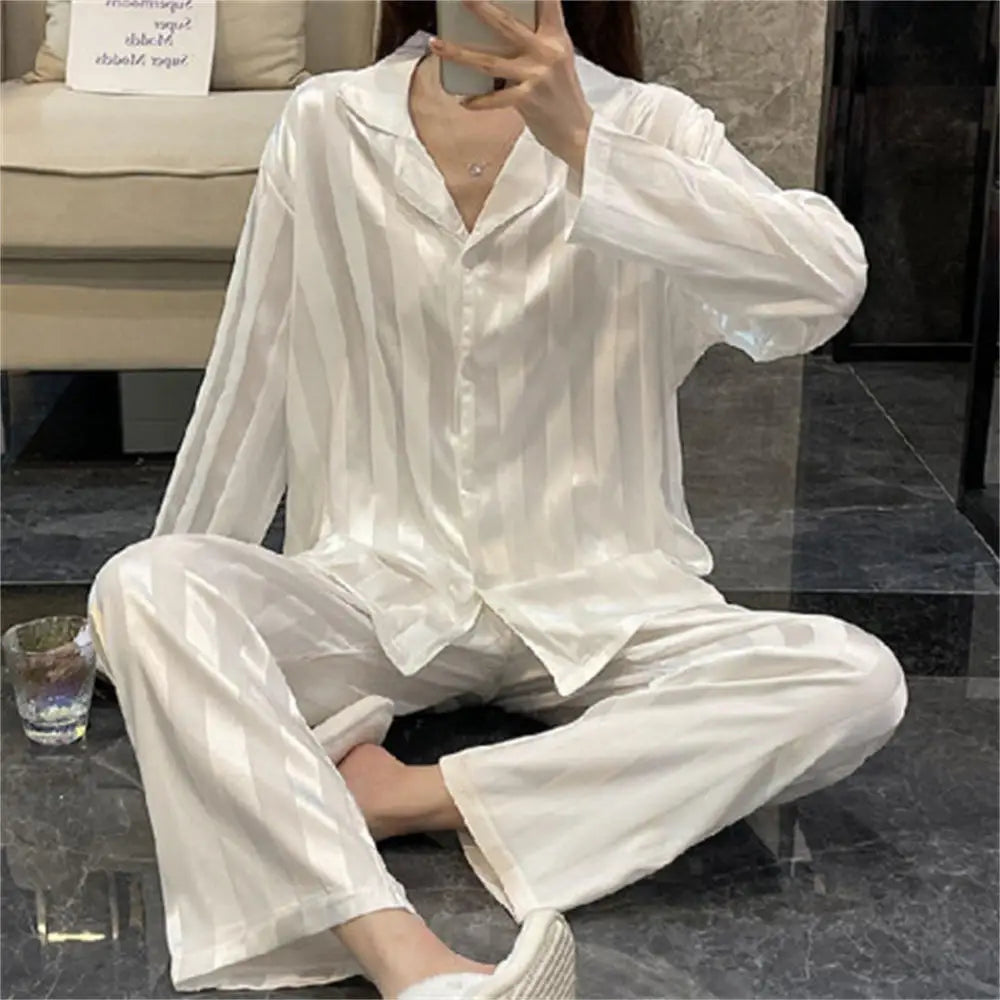 Women's Summer Striped Pajama Set - Silk Satin Long Sleeve Top &amp; Trousers White Striped / XXXL