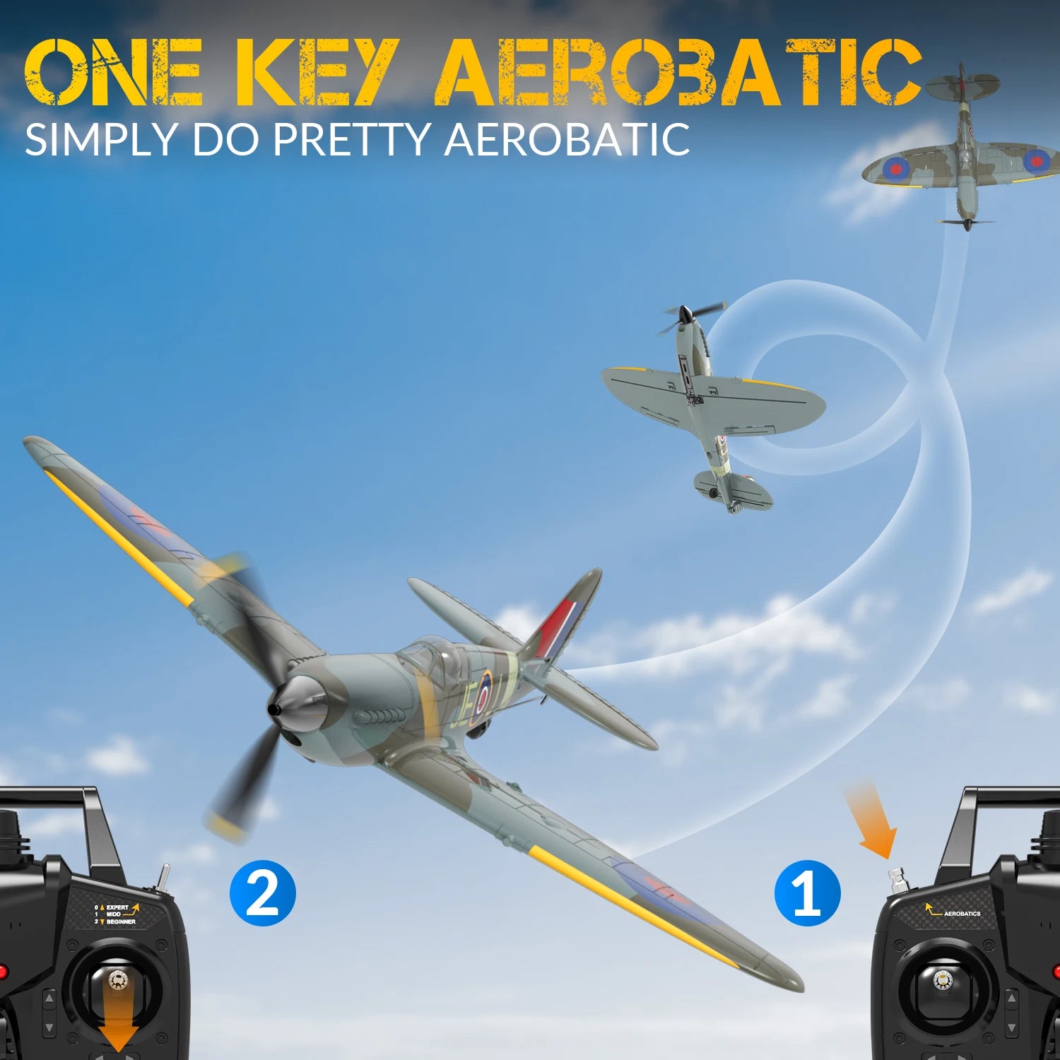Volantex Spitfire RC Fighter Plane - 400mm, 4CH, One-Key Aerobatic, RTF