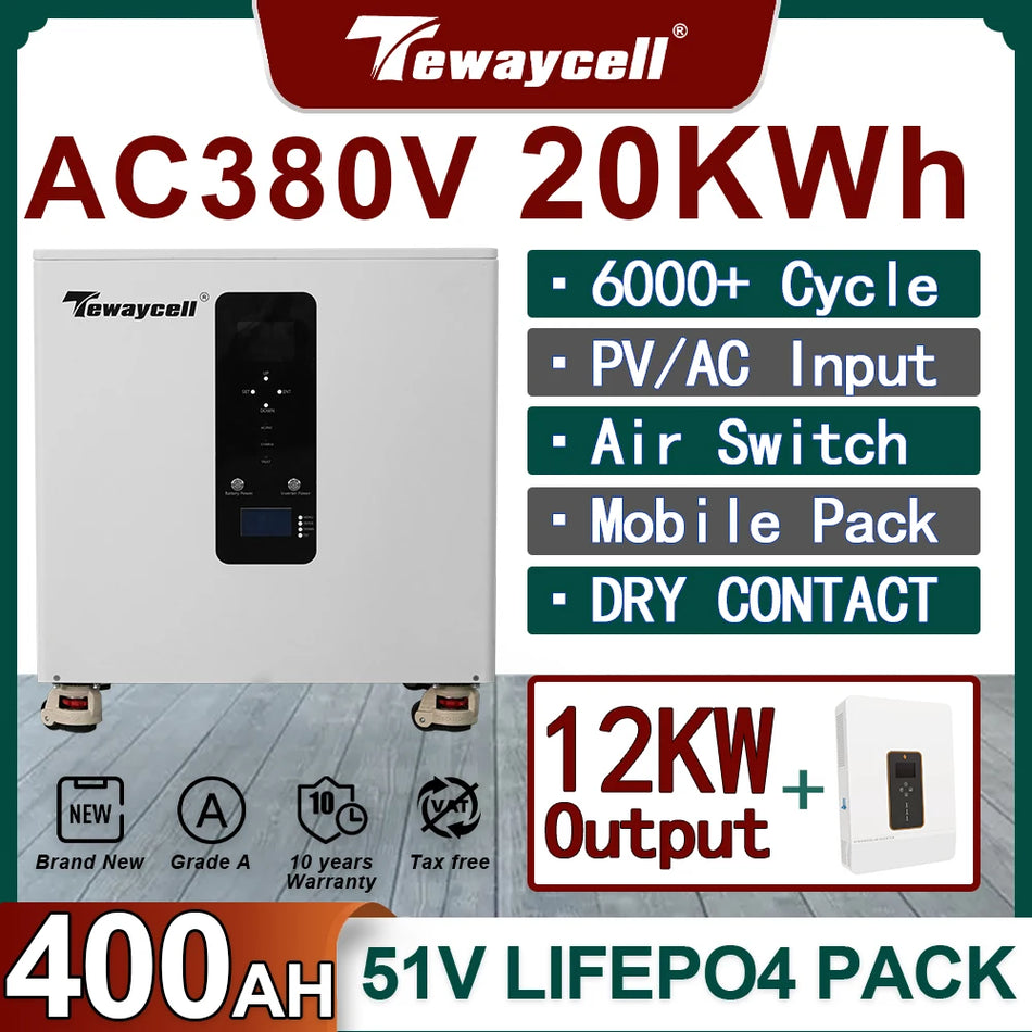 Tewaycell Всичко в едно Трифазен 380V Домашен ESS с вграден 12kW инвертор LiFePO4 батерия 20kWh до 30kWh WiFi монитор
