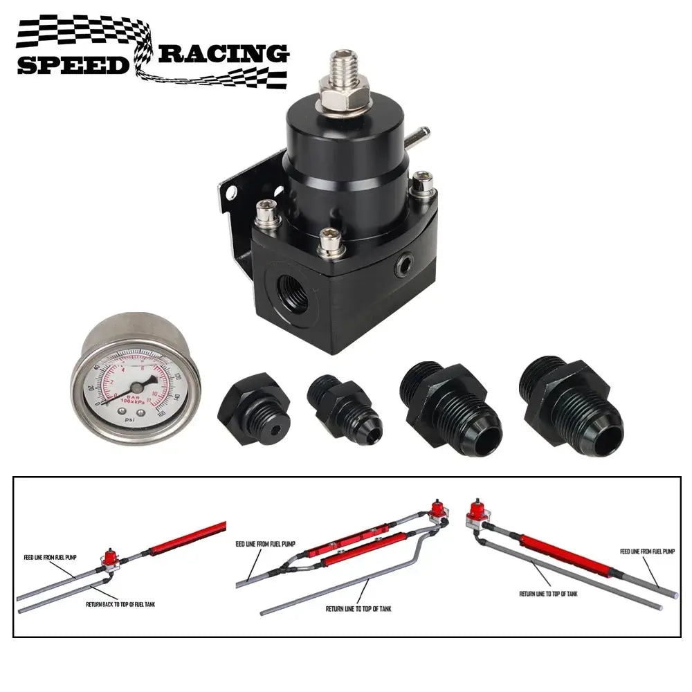 Adjustable Fuel Pressure Regulator with White Oil Gauge With AN8/10 Feed Fitting & AN6 Return Line Fitting & AN8/10 End Cap by InterCyprus Trading Ltd