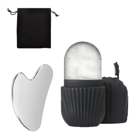 Ice Face Roller &amp; Gua Sha Board Set - Facial Massage &amp; Lifting Tools 3Pcs set Black