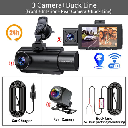 3 Channel Dash Cam &ndash; 2K Front and Rear Dual Lens with GPS WiFi and Night Vision 3 Camera-BL / 64G