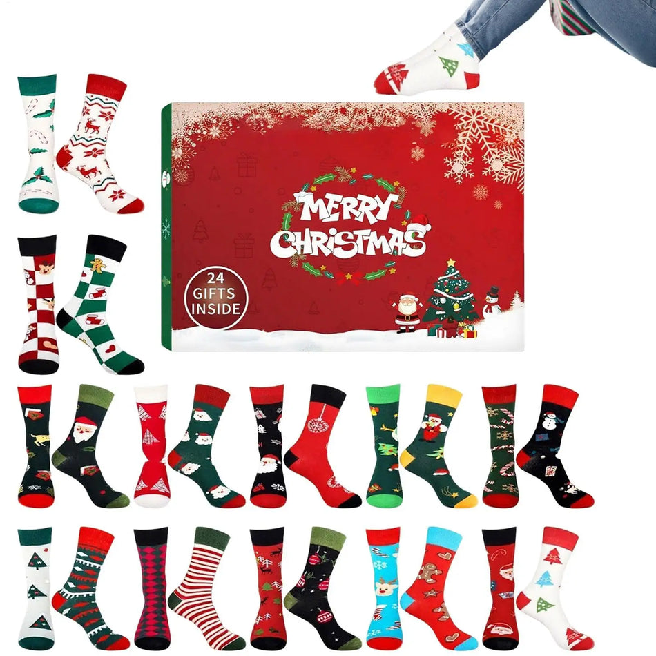 Cotton Christmas Advent Calendar Socks For Adults, 12 Pairs Of Crew Socks, 24 Day Countdown To 2025