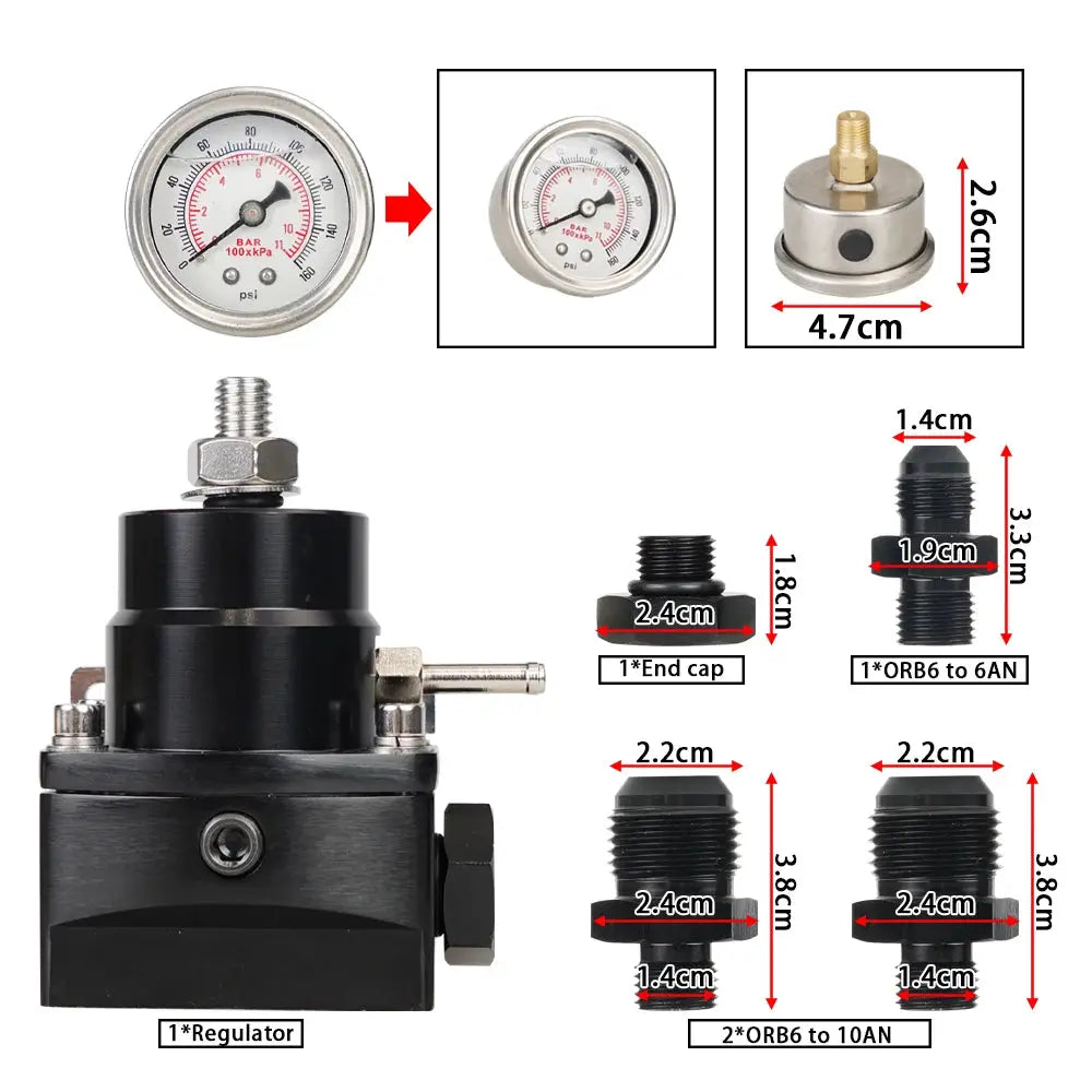Adjustable Fuel Pressure Regulator with White Oil Gauge With AN8/10 Feed Fitting & AN6 Return Line Fitting & AN8/10 End Cap by InterCyprus Trading Ltd