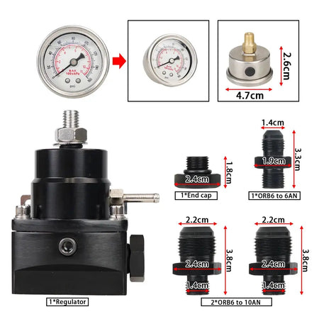 Adjustable Fuel Pressure Regulator with White Oil Gauge With AN8/10 Feed Fitting & AN6 Return Line Fitting & AN8/10 End Cap by InterCyprus Trading Ltd