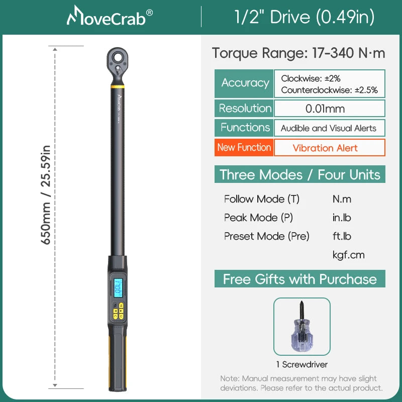 MOVECRAB Digital Torque Wrench 1.5-340N.m &ndash; High Precision with Buzzer and LED Notification 17-340N.m-vibration